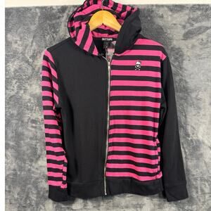 Hot Topic Pink & Black Stripe Split Hoodie Women’s Medium Y2K